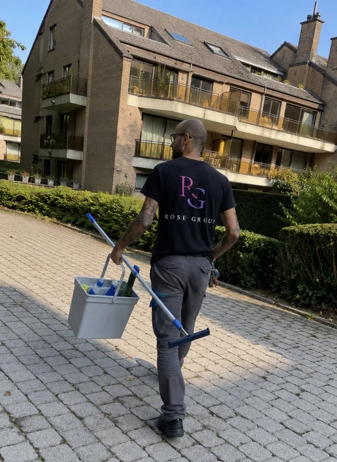 Medewerker van Rose Group onderweg naar een klus met zijn schoonmaakmateriaal
