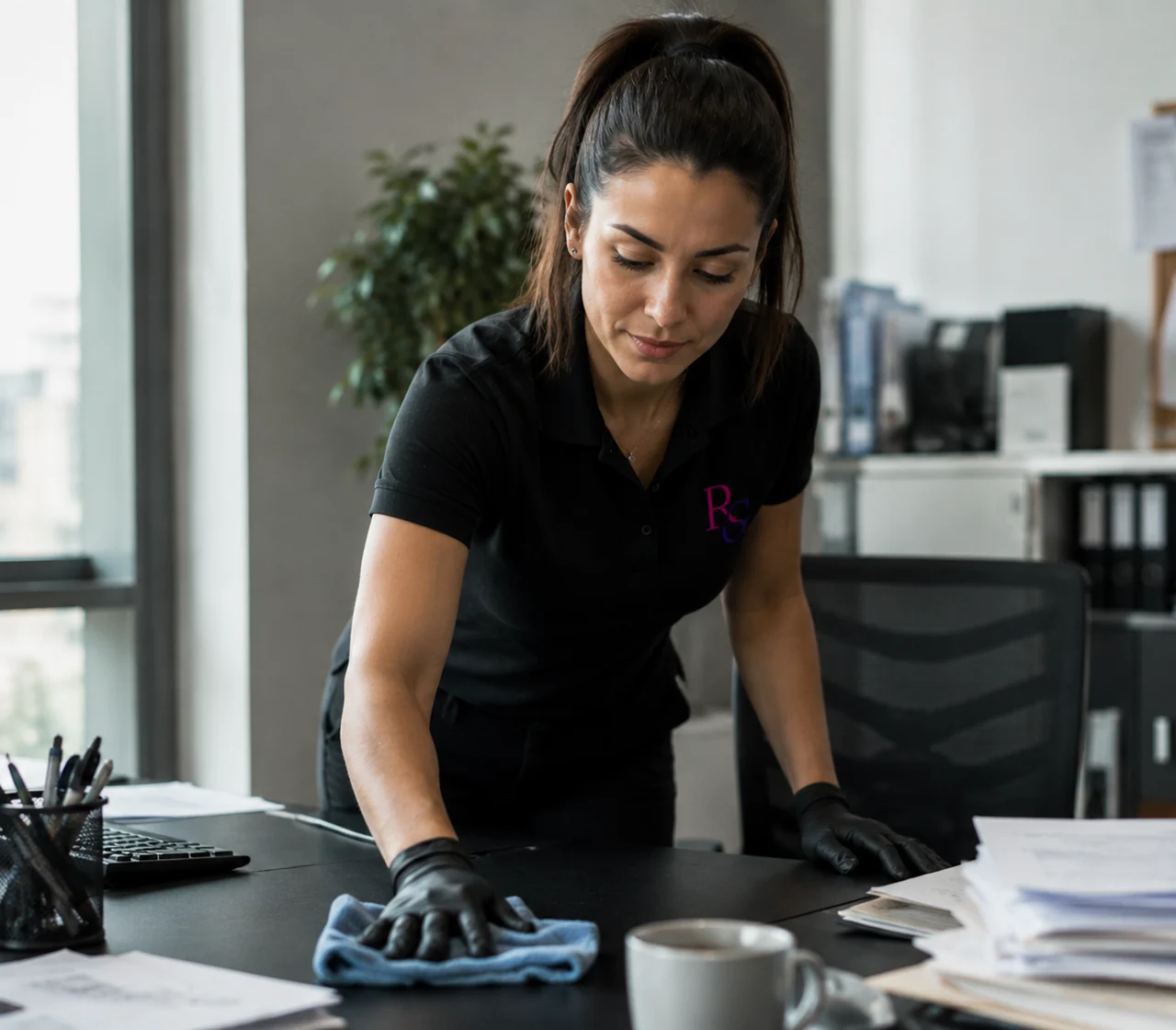 Schoonmaker van Rose Group die een professioneel kantoor onderhoudt