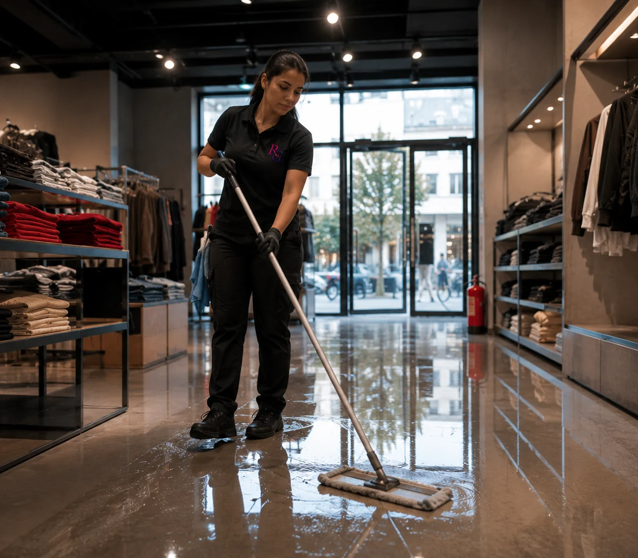 Schoonmaakster die de vloer van een winkel reinigt