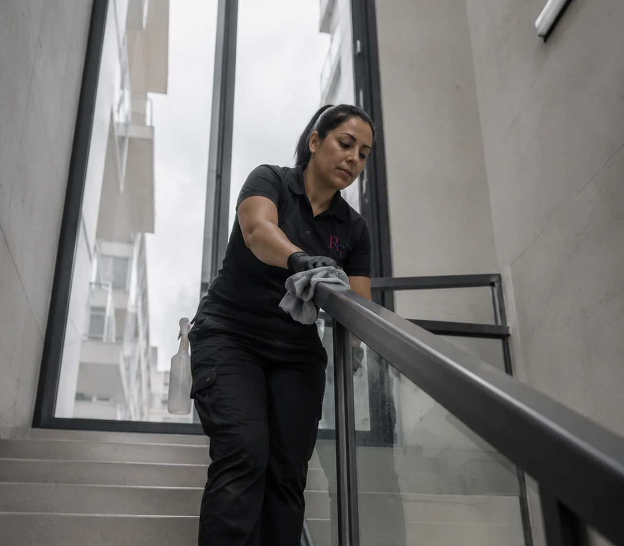 Schoonmaakster die het trappenhuis van een gebouw onderhoudt