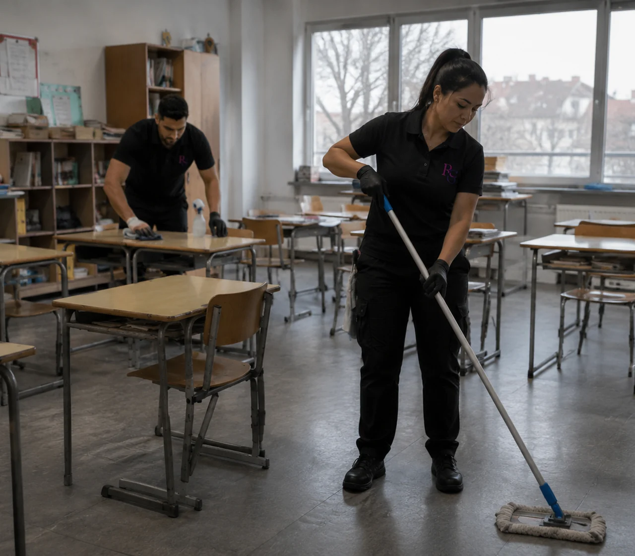 Schoonmaakploeg die een klaslokaal onderhoudt