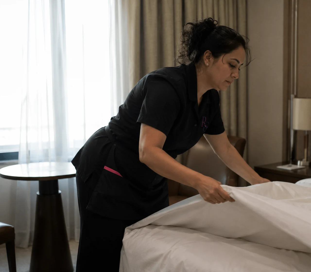 Kamermeisje dat een bed opmaakt in een hotelkamer