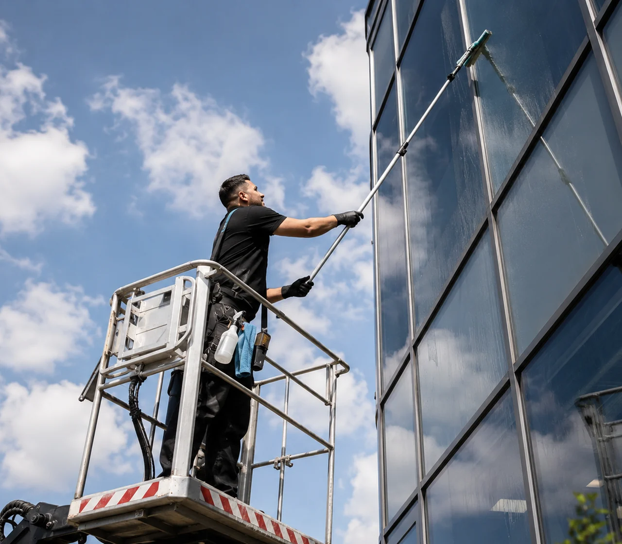 Glazenwasser die de glazen gevel van een gebouw reinigt